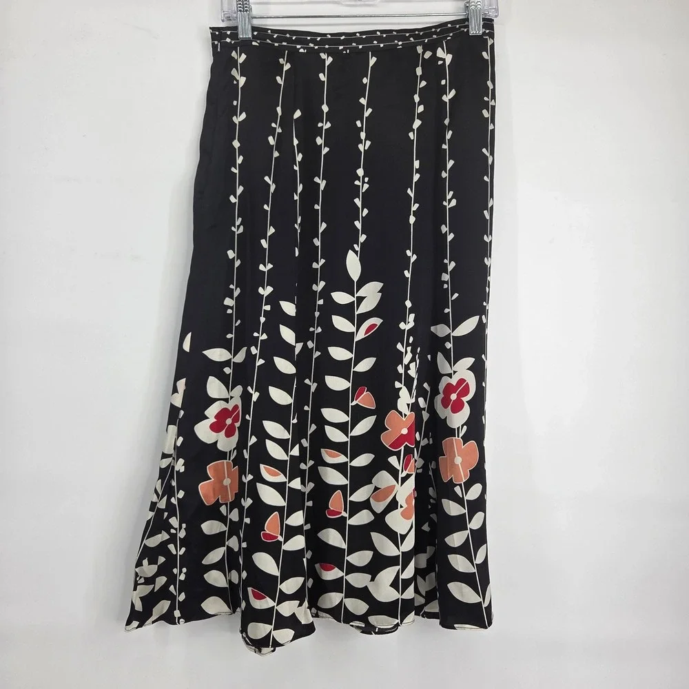 Talbots Silk Midi Skirt 4 Black Floral Art-Inspired Boho Cottagecore Vintage - Picture 1 of 8
